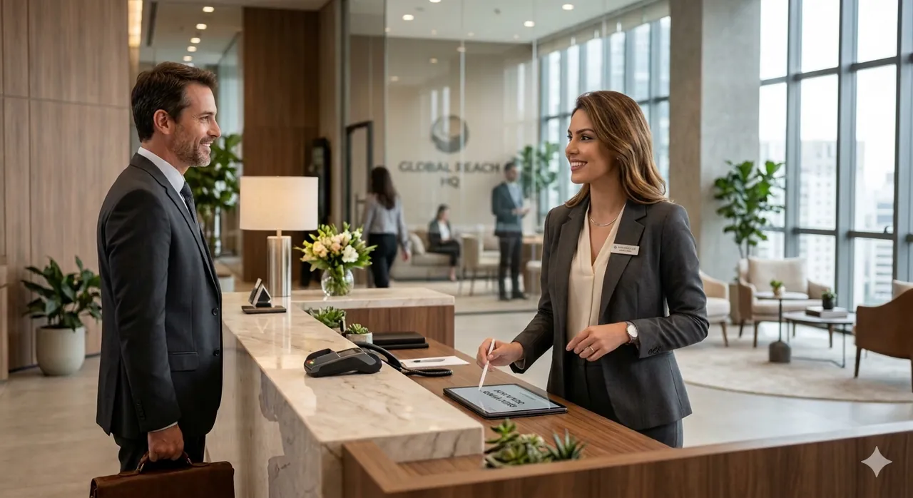 Recepcionista em ambiente corporativo acolhedor